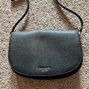 Kate Spade black leather crossbody bag with adjustable shoulder strap.